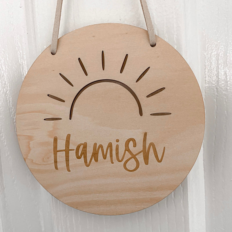 kids personalised hanging wooden sign plaque boho sunrays