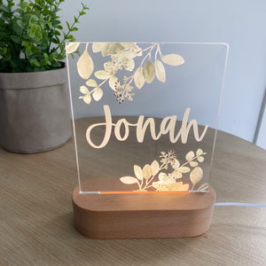 Kids Personalised acrylic Night Light. Custom made for your childs room or nursery and custom printed with name. Sage Leaf design