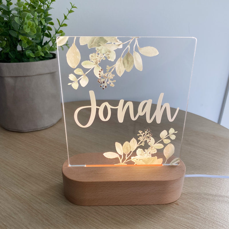 Kids Personalised acrylic Night Light. Custom made for your childs room or nursery and custom printed with name. Sage Leaf design