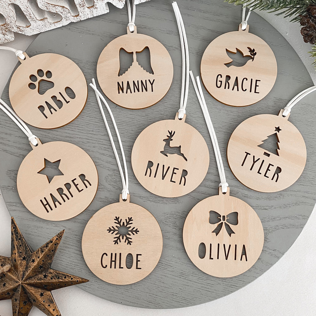 personalised wooden name christmas bauble ornament