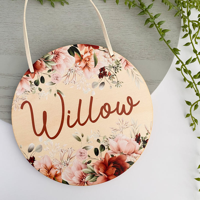 kids Printed wooden personalised door sign with engraved name. Kids custom Name Plaque Roby Roses floral Design