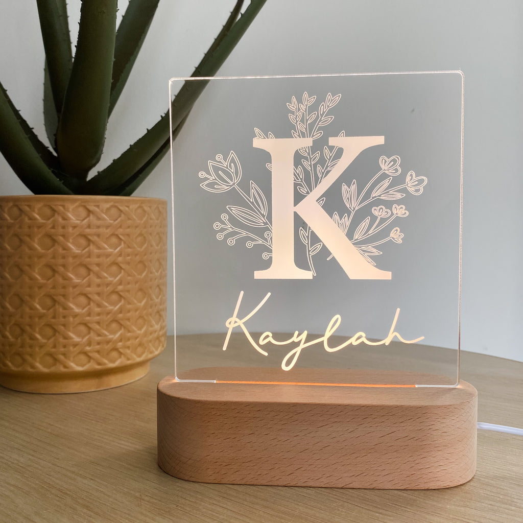 Kids Personalised acrylic Night Light. Custom made for your childs room or nursery and custom printed with name. Wildflower design