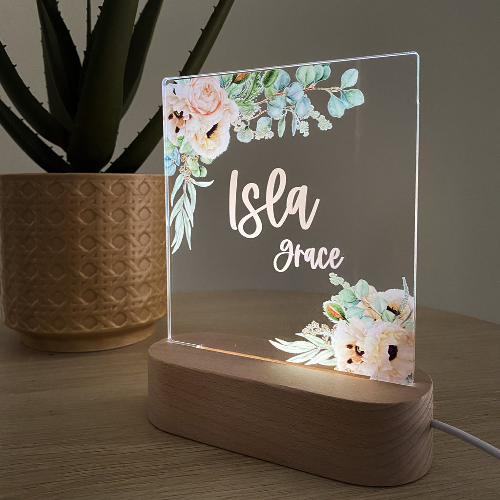 Kids Personalised acrylic Night Light. Custom made for your childs room or nursery and custom printed with name. Blush Rose design