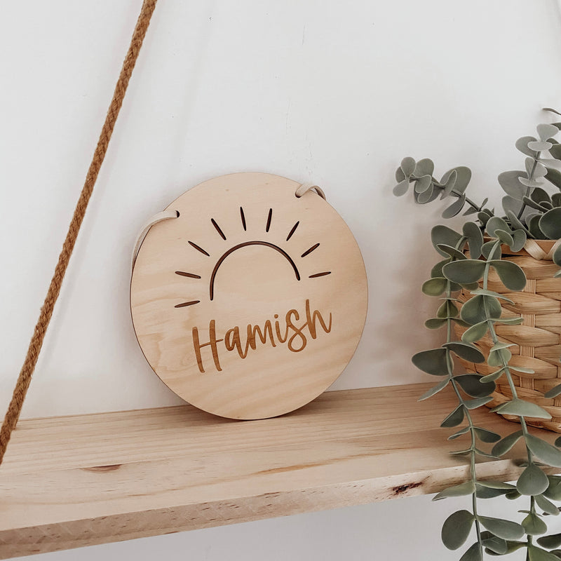 kids personalised hanging wooden sign plaque boho sunrays