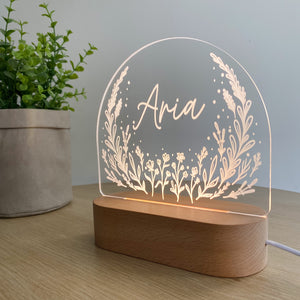 Kids Personalised acrylic Night Light. Custom made for your childs room or nursery and custom printed with name. Wildflower design