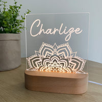 Kids Personalised acrylic Night Light. Custom made for your childs room or nursery and custom printed with name. Mandala design