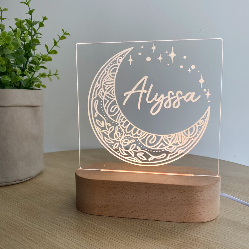 Kids Personalised acrylic Night Light. Custom made for your childs room or nursery and custom printed with name. Moon and stars design