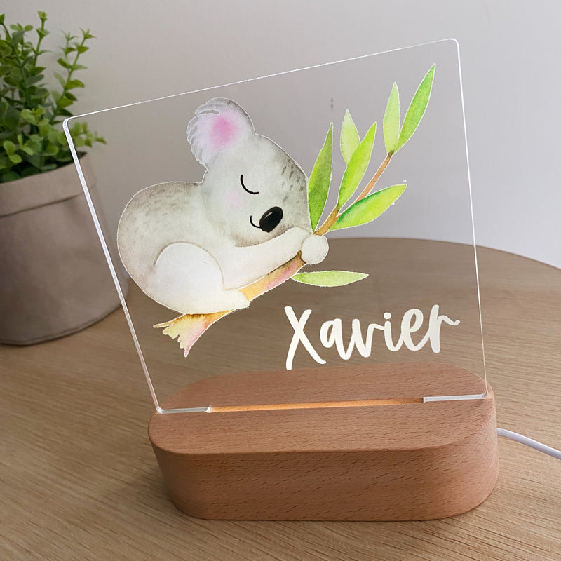 Kids Personalised acrylic Night Light. Custom made for your childs room or nursery and custom printed with name. Sleepy Koala design