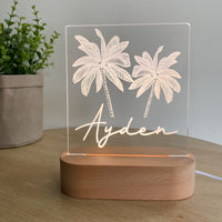 Kids Personalised acrylic Night Light. Custom made for your childs room or nursery and custom printed with name. Boho Palm Trees design
