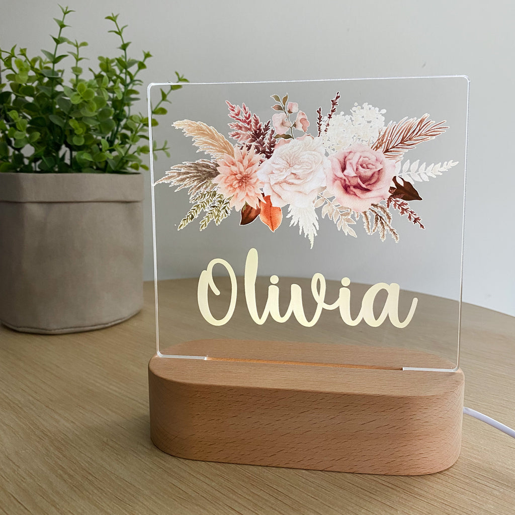 Kids Personalised acrylic Night Light. Custom made for your childs room or nursery and custom printed with name. Boho Bouqet  design