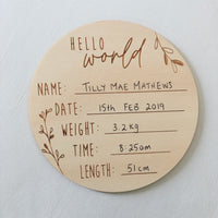 Hello World Wooden DIY birth detail sign