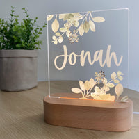 Kids Personalised acrylic Night Light. Custom made for your childs room or nursery and custom printed with name. Sage Leaf design