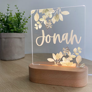Kids Personalised acrylic Night Light. Custom made for your childs room or nursery and custom printed with name. Sage Leaf design