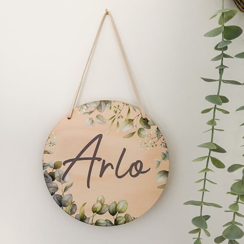 kids Printed wooden personalised door sign with engraved name. Kids custom Name Plaque Green Leaves Eucalyptus Design
