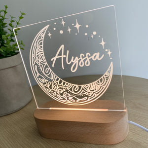 Kids Personalised acrylic Night Light. Custom made for your childs room or nursery and custom printed with name. Moon and stars design