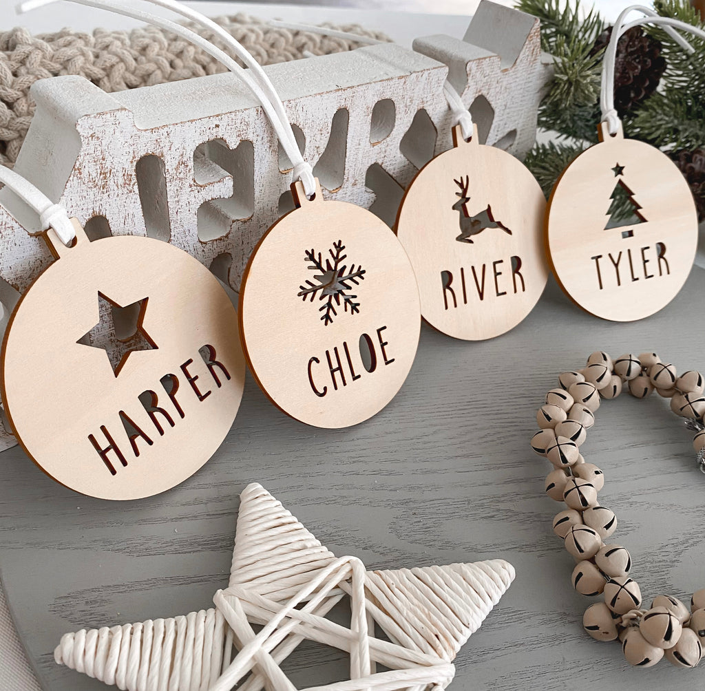 personalised Snowflake wooden name christmas bauble ornament