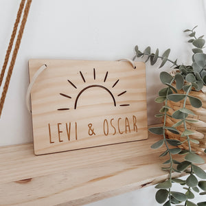 kids personalised hanging wooden sign plaque boho sunrays sun