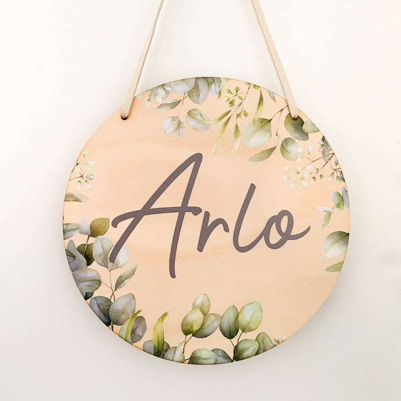 kids Printed wooden personalised door sign with engraved name. Kids custom Name Plaque Green Leaves Eucalyptus Design