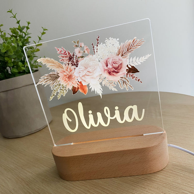 Kids Personalised acrylic Night Light. Custom made for your childs room or nursery and custom printed with name. Boho Bouqet  design