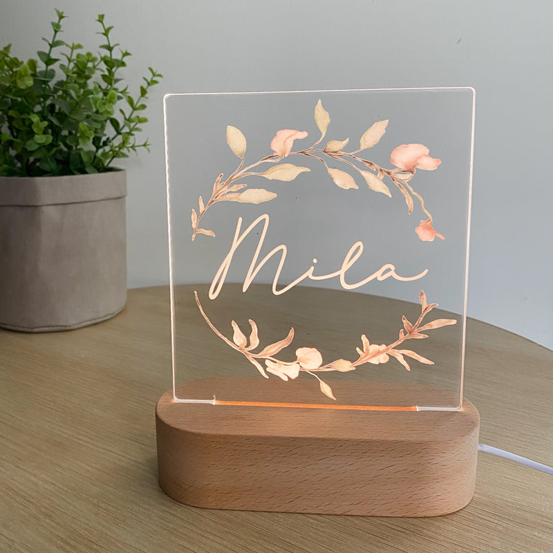 Kids Personalised acrylic Night Light. Custom made for your childs room or nursery and custom printed with name. Blush Floral wreath design