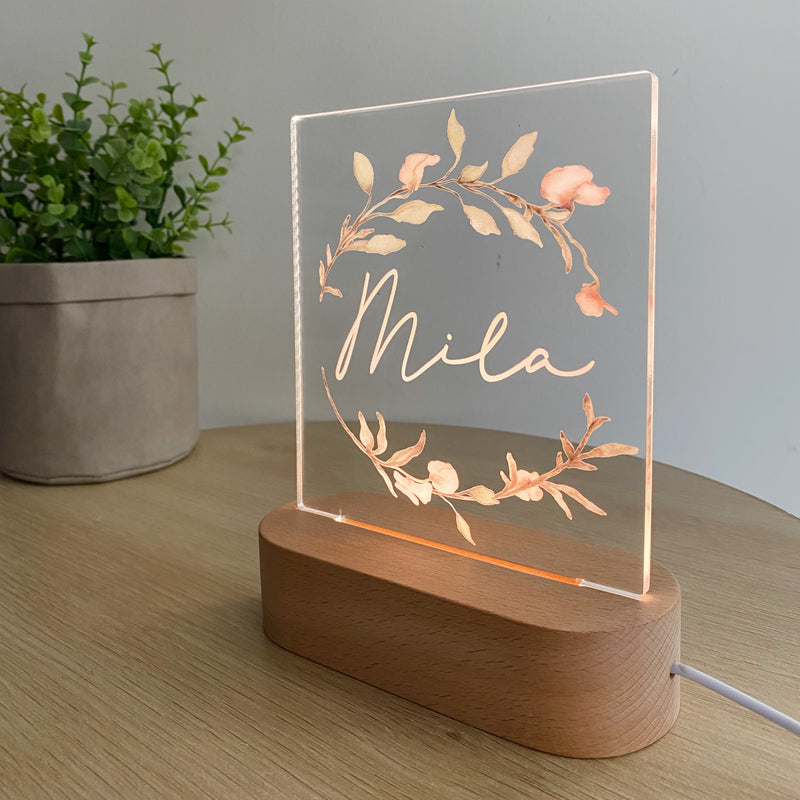 Kids Personalised acrylic Night Light. Custom made for your childs room or nursery and custom printed with name. Blush Floral wreath design
