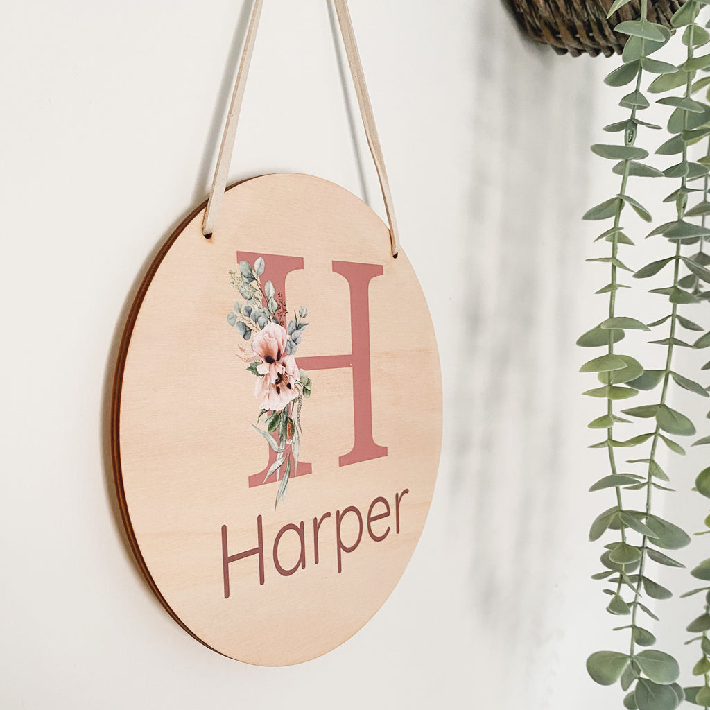 kids Printed wooden personalised door sign with engraved name. Kids custom Name Plaque Dusty Pink Letter with flowers  Design