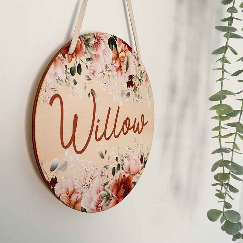 kids Printed wooden personalised door sign with engraved name. Kids custom Name Plaque Roby Roses floral Design