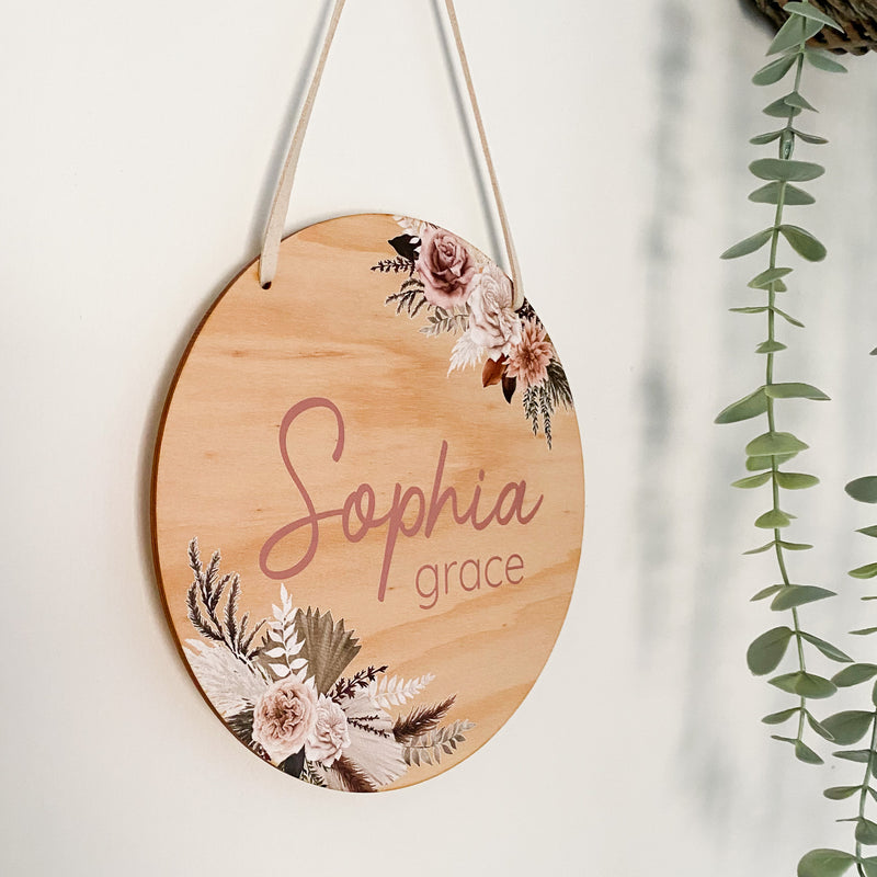 kids Printed wooden personalised door sign with engraved name. Kids custom Name Plaque Boho Floral Bouquet  Design