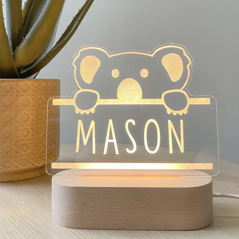 Kids Personalised acrylic Night Light. Custom made for your childs room or nursery and custom printed with name. Koala design