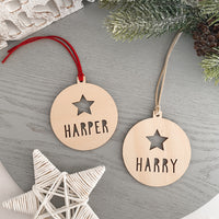personalised Star wooden name christmas bauble ornament
