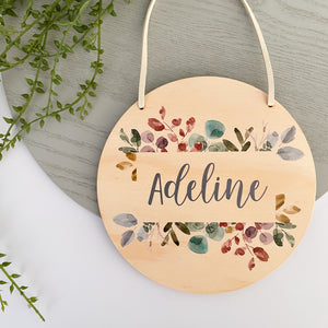 kids Printed wooden personalised door sign with engraved name. Kids custom Name Plaque Coloured Leaves Design
