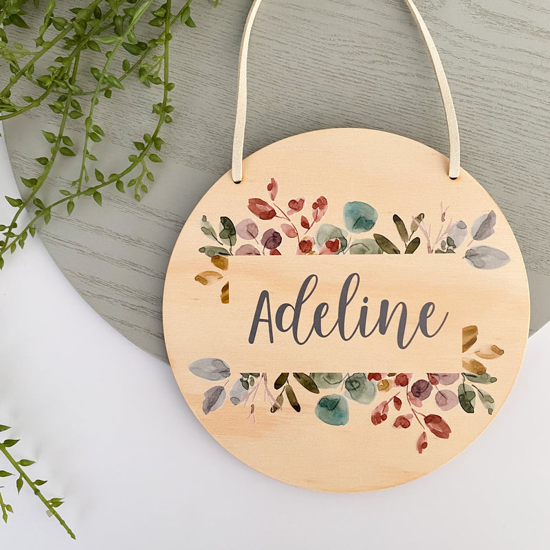 kids Printed wooden personalised door sign with engraved name. Kids custom Name Plaque Coloured Leaves Design