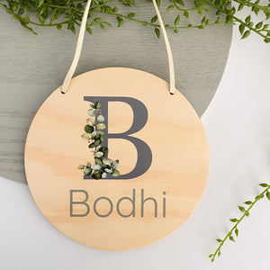 kids Printed wooden personalised door sign with engraved name. Kids custom Name Plaque Blue Letter with leaves Design