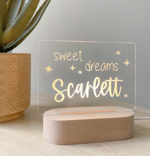 Kids Personalised acrylic Night Light. Custom made for your childs room or nursery and custom printed with name. Sweet dreams  design