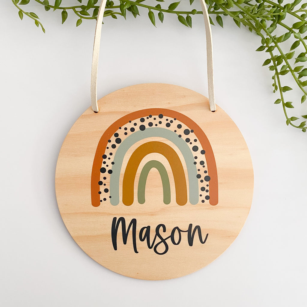 kids Printed wooden personalised door sign with engraved name. Kids custom Name Plaque Boho Tan Rianbow  Design