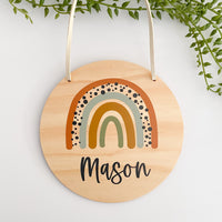 kids Printed wooden personalised door sign with engraved name. Kids custom Name Plaque Boho Tan Rianbow  Design