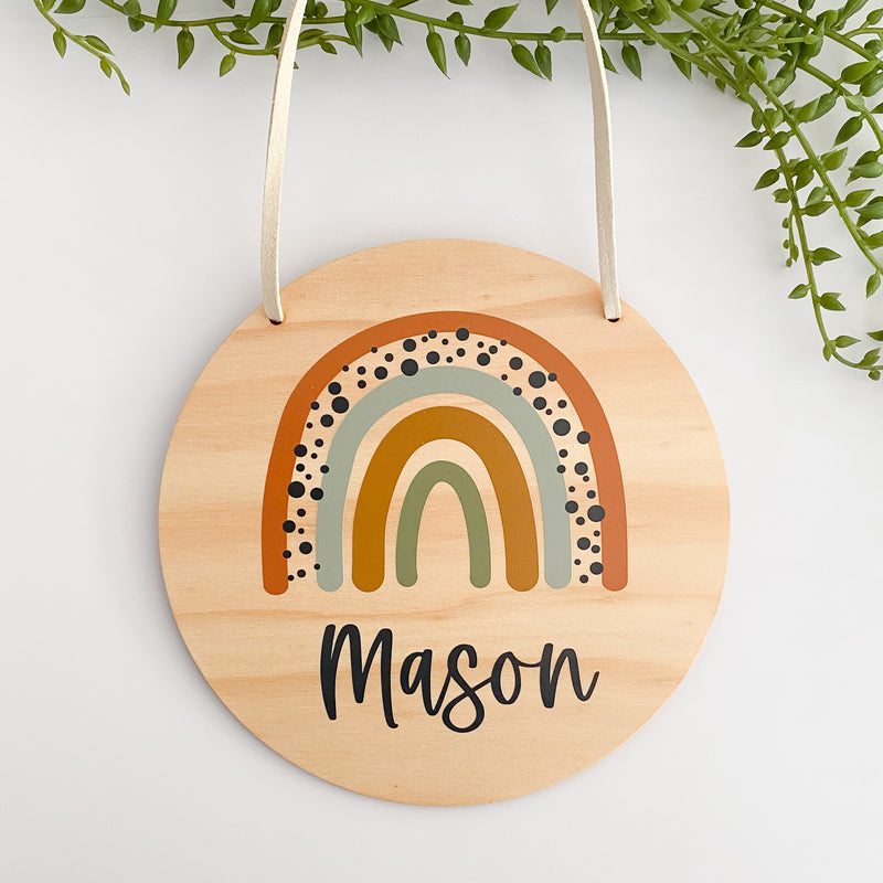 kids Printed wooden personalised door sign with engraved name. Kids custom Name Plaque Boho Tan Rianbow  Design