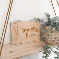 kids personalised hanging wooden sign plaque boho dried flower