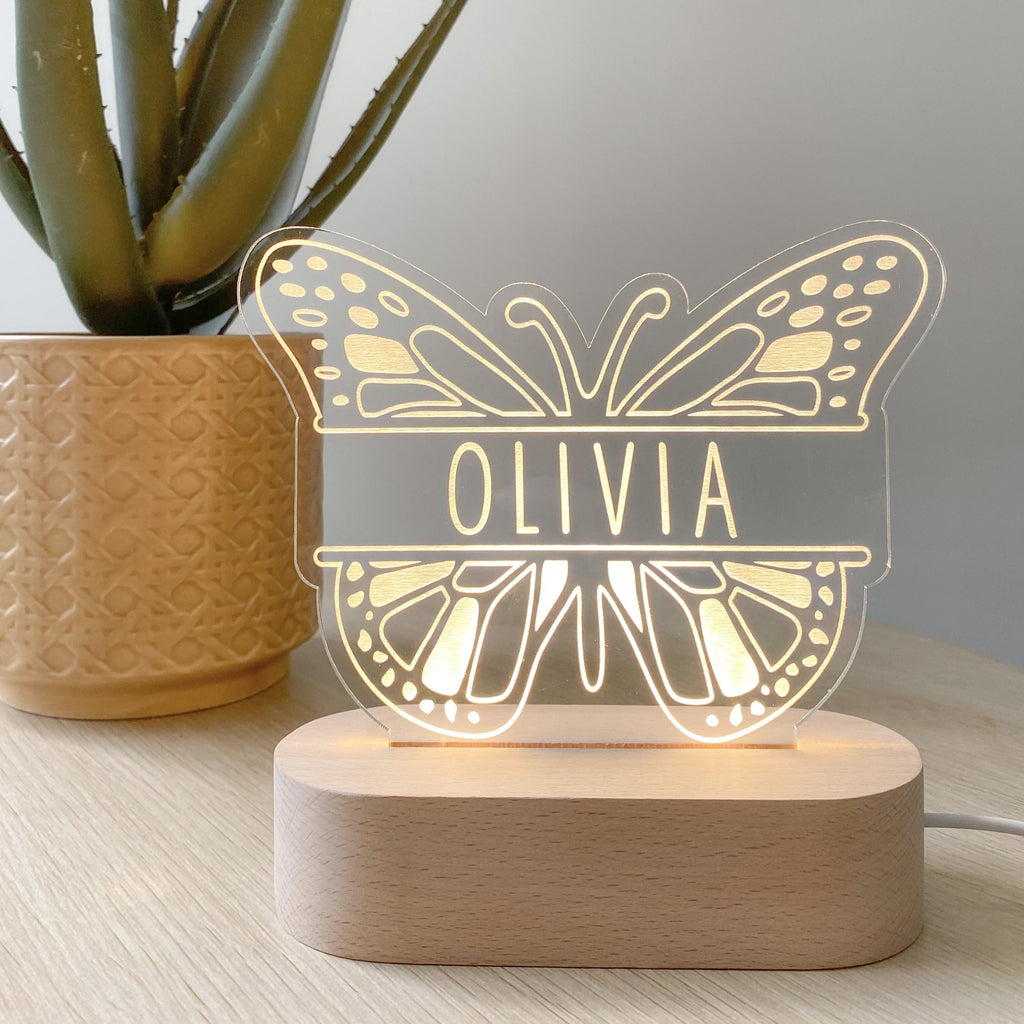 Kids Personalised acrylic Night Light. Custom made for your childs room or nursery and custom printed with name. Butterfly design