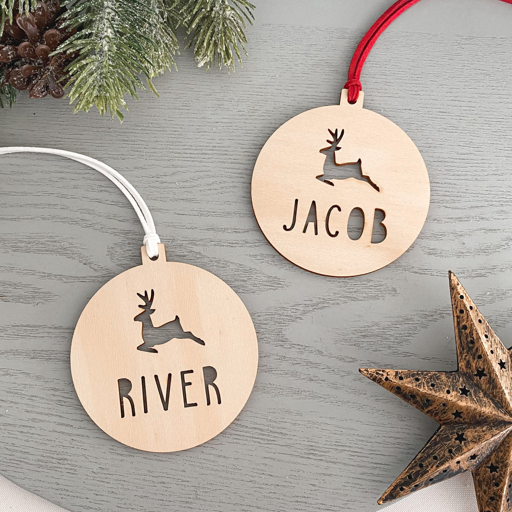 personalised Reindeer wooden name christmas bauble ornament