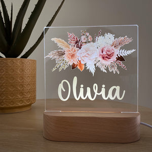 Kids Personalised acrylic Night Light. Custom made for your childs room or nursery and custom printed with name. Boho Bouqet  design