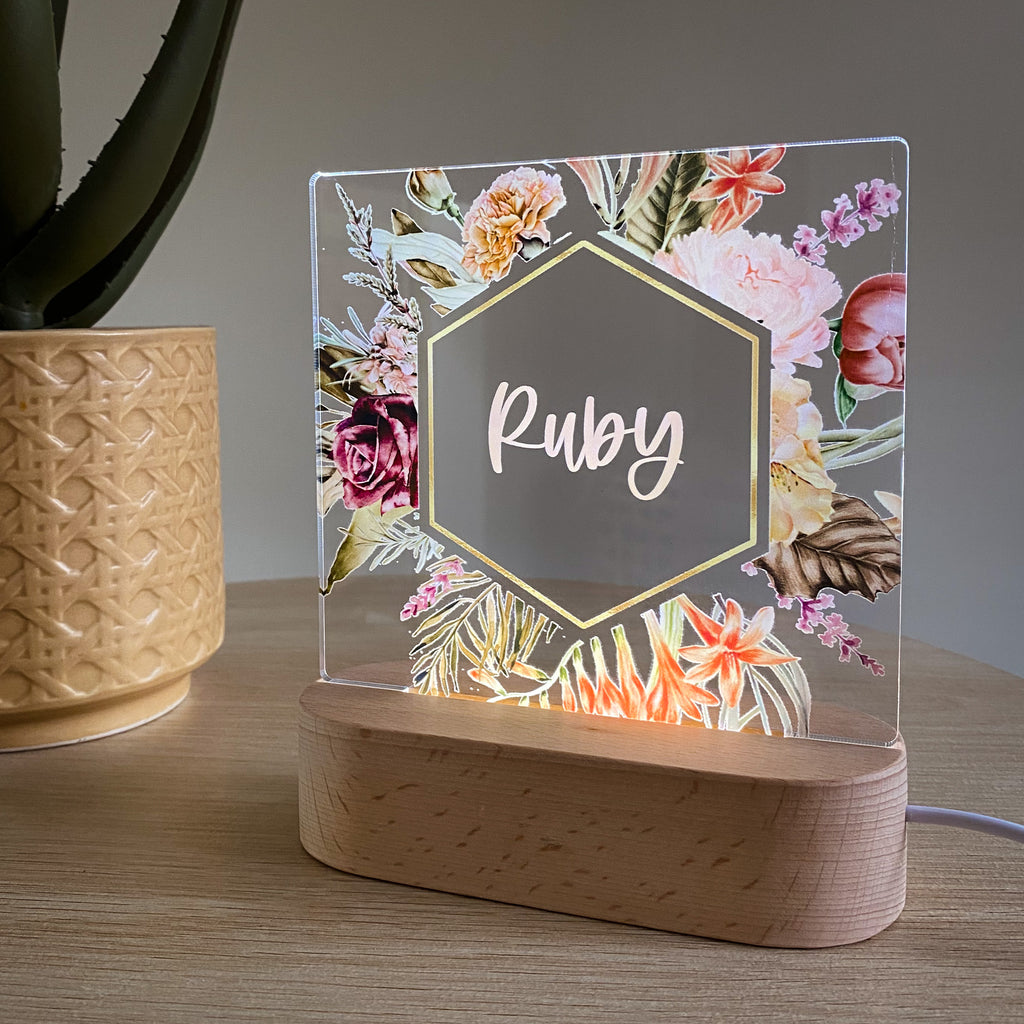 Kids Personalised acrylic Night Light. Custom made for your childs room or nursery and custom printed with name. Floral Border design