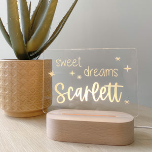Kids Personalised acrylic Night Light. Custom made for your childs room or nursery and custom printed with name. Sweet dreams  design