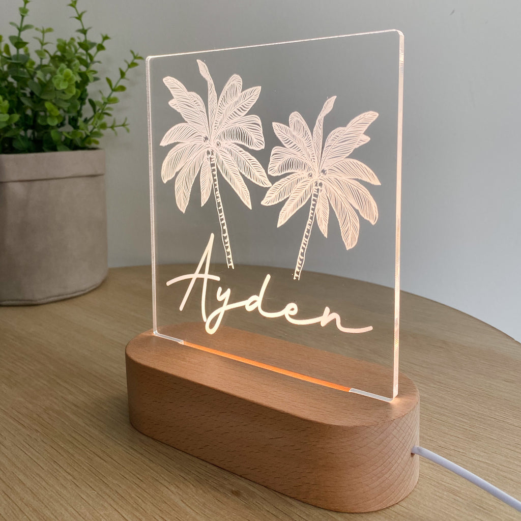 Kids Personalised acrylic Night Light. Custom made for your childs room or nursery and custom printed with name. Boho Palm Trees design