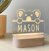 Kids Personalised acrylic Night Light. Custom made for your childs room or nursery and custom printed with name. Koala design