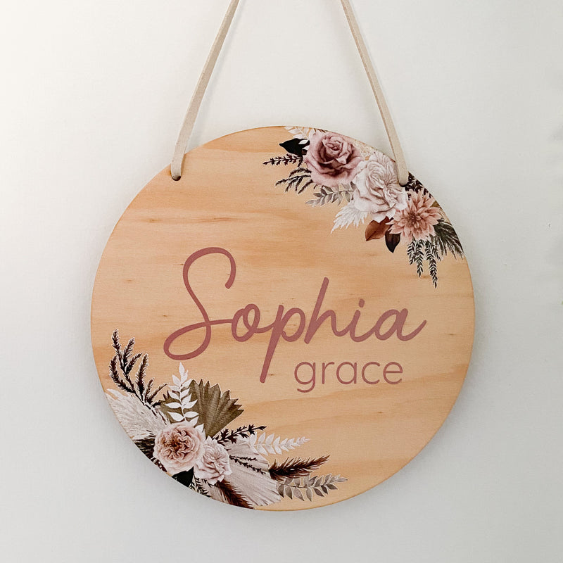 kids Printed wooden personalised door sign with engraved name. Kids custom Name Plaque Boho Floral Bouquet  Design