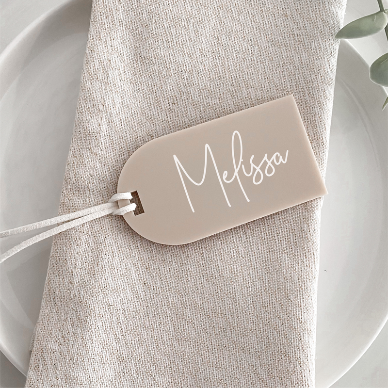 Arch Acrylic Luggage tags used for wedding favours and name cards place settings for wedding tables