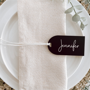 Arch Acrylic Luggage tags used for wedding favours and name cards place settings for wedding tables