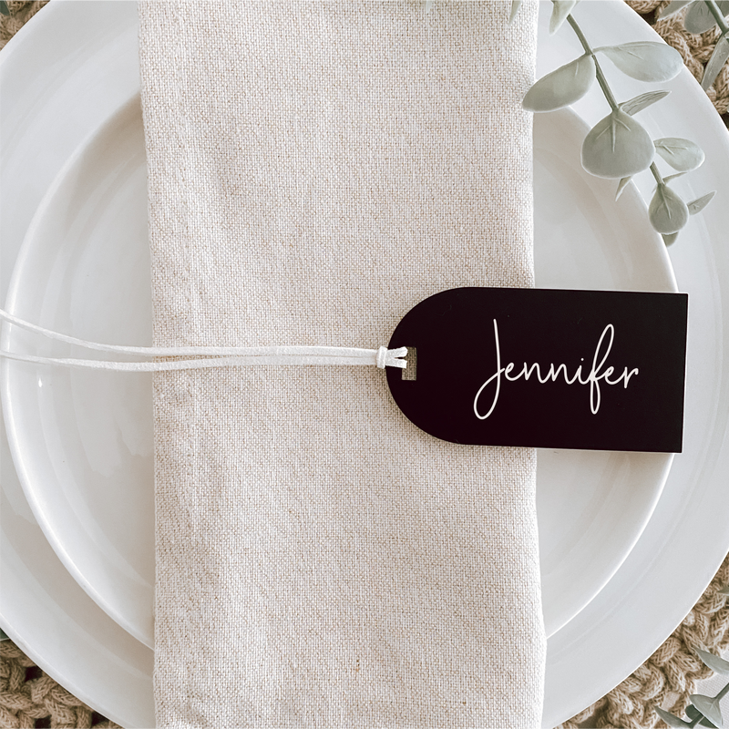 Arch Acrylic Luggage tags used for wedding favours and name cards place settings for wedding tables