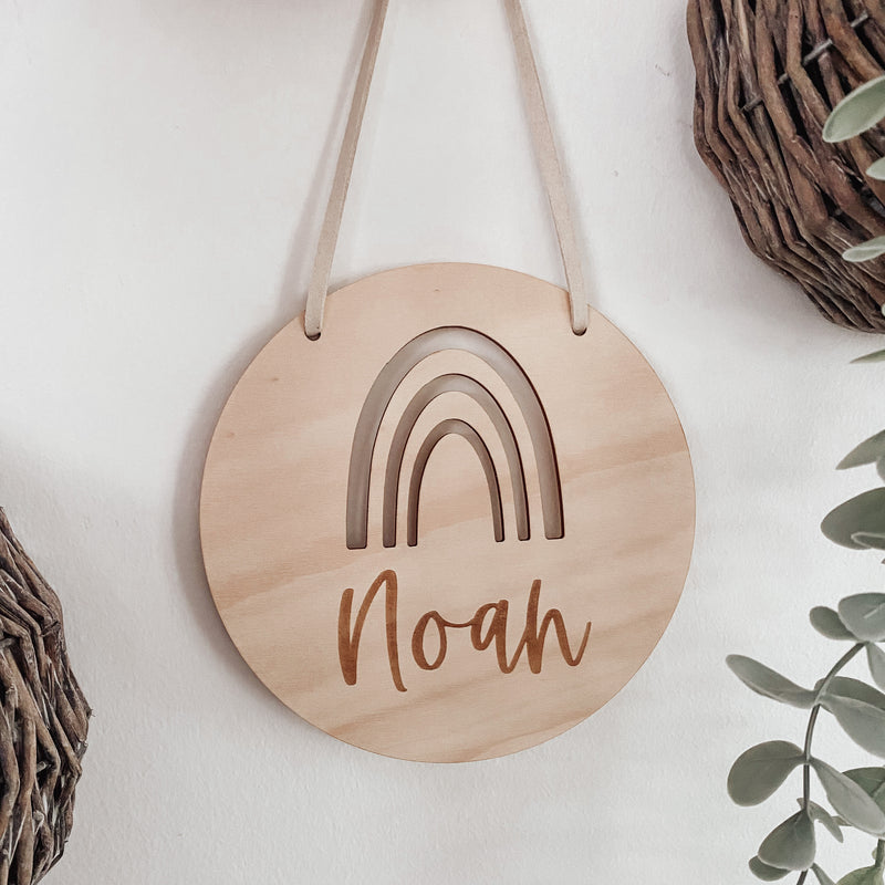 Kids Round Wooden engraved custom rainbow door sign